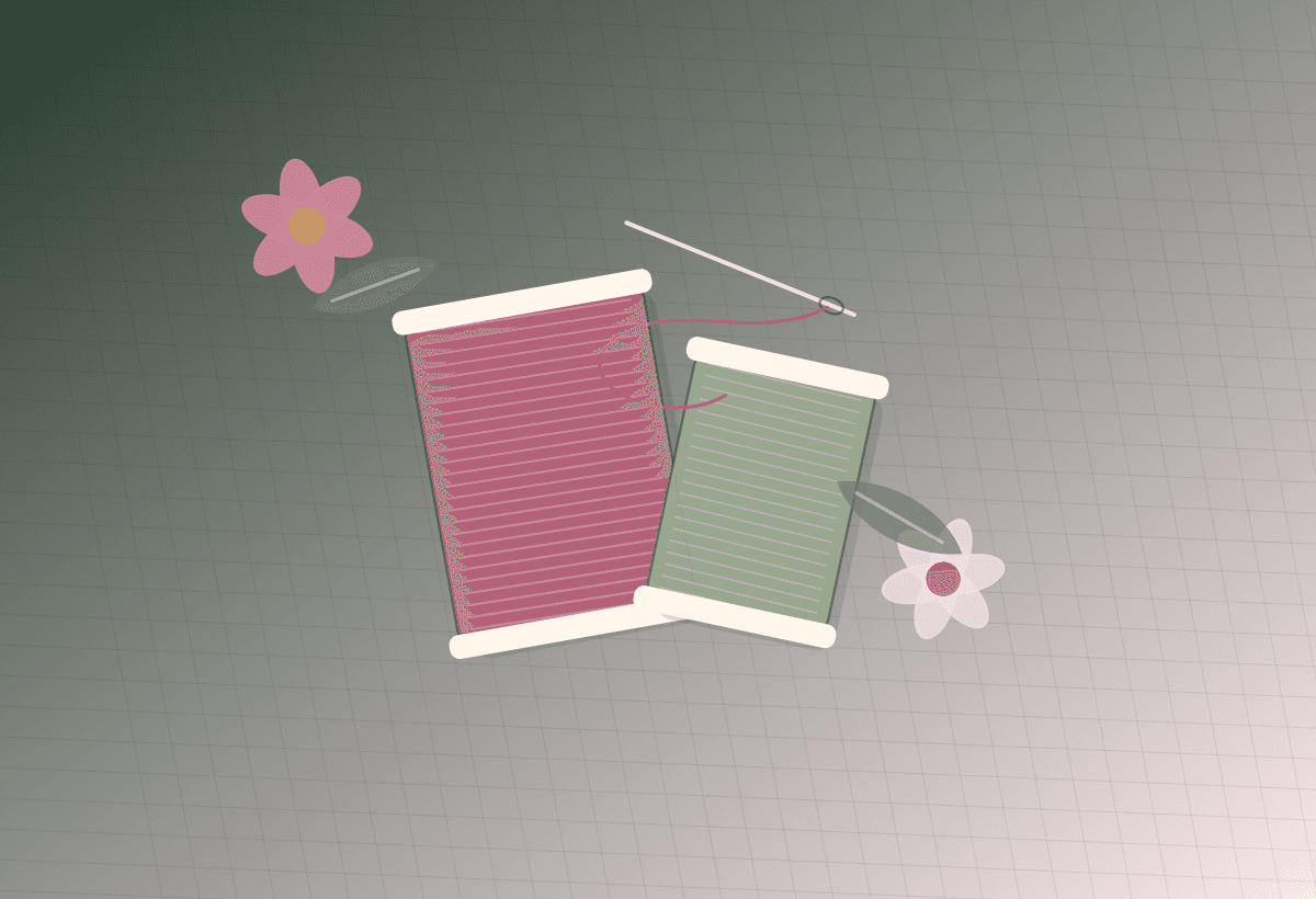 Garnrollen, Blüten und Nadel als florale Atelier-Illustration
