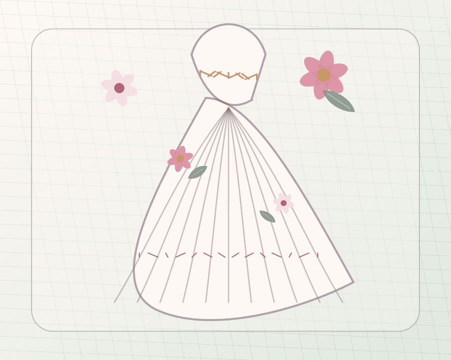 Illustration eines hellen Hochzeitskleids mit Blüten und Zierstichen
