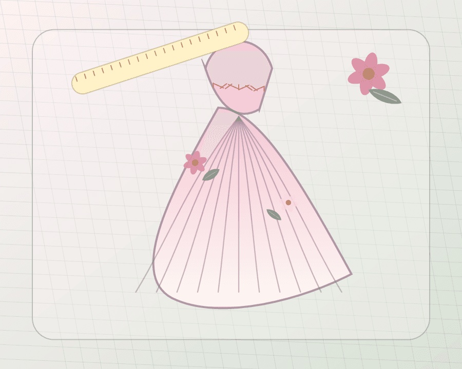 Illustration eines rosa Kleides mit Blüten, Maßband und feinen Stichen
